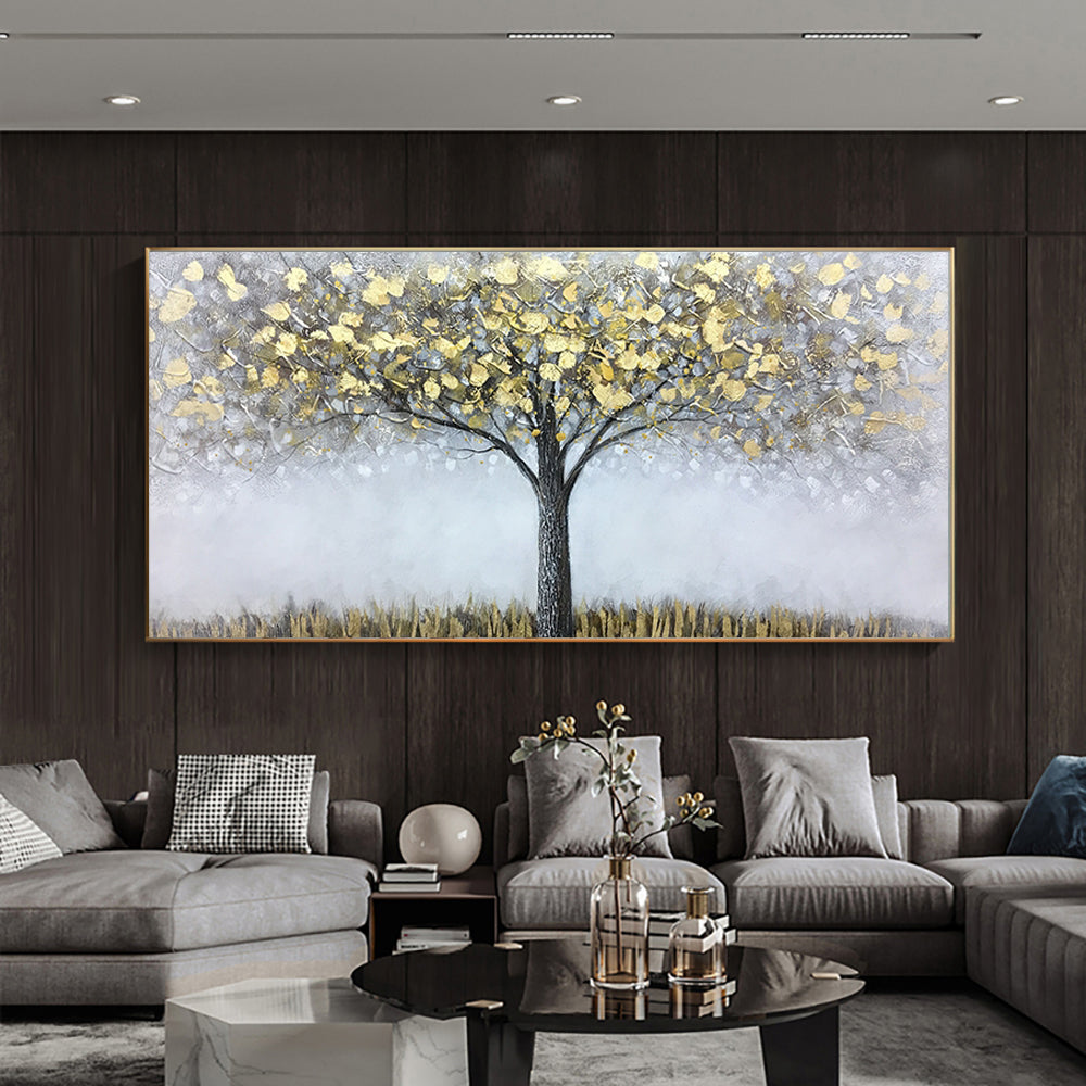 Abstract Gray Oil Painting Handmade Golden Fortune Tree On Canvas Hand Painted Artwork Painting Large Salon,27inx54in,No Frame