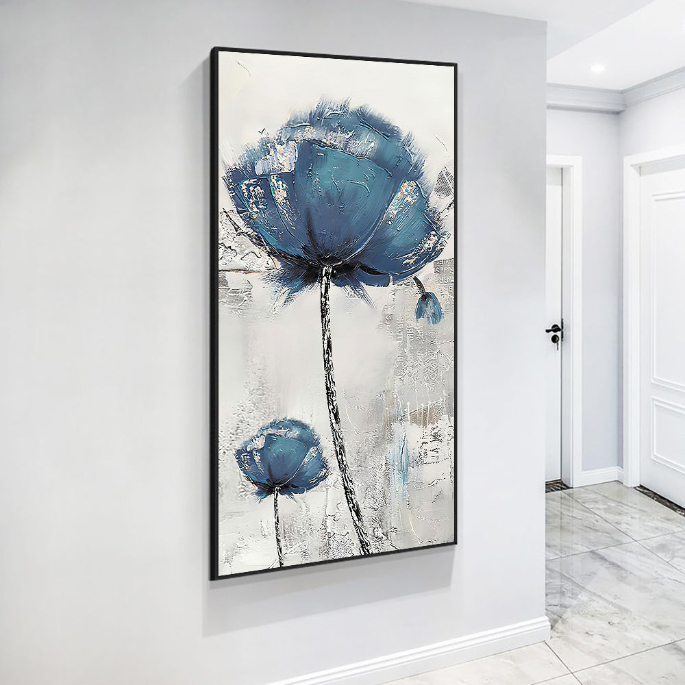 Hand painted Abstract Flower Oil Painting Nordic Wall Art Handmade Blue Poppies Art Canvas Oil Painting,27inx54in,No Frame