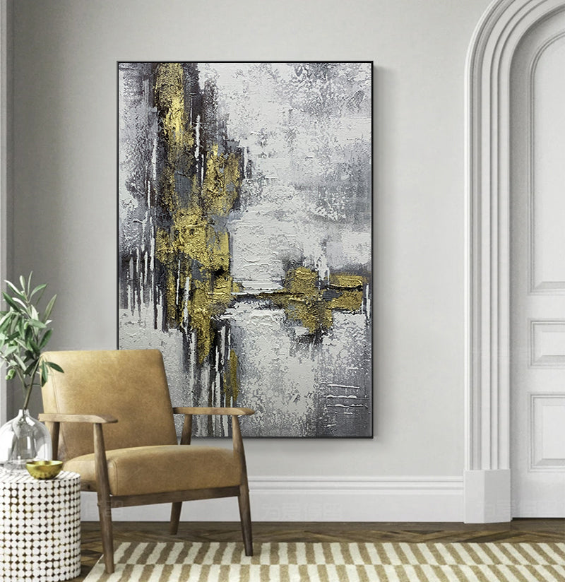 Gold Foil Design Textured Oil Painting Hand Painted Abstract Newest Wall Canvas Art For Modern,31inx47in,No Frame
