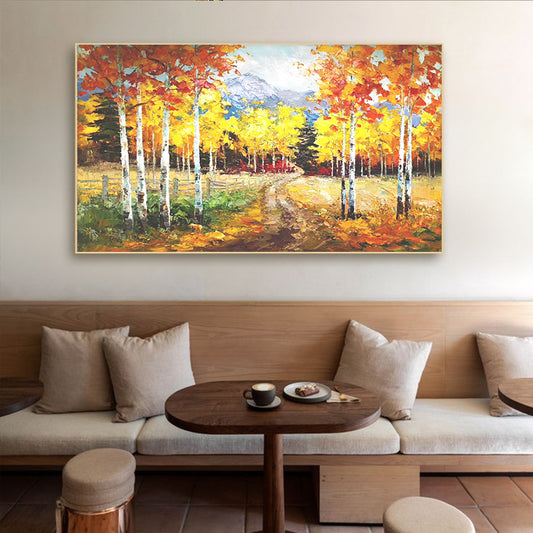 Handpainted Oil Painting Birch Wood Landscape Decoration Painting Living Room Sofa Background Wall Study Bedroom Hanging,27inx54in,No Frame