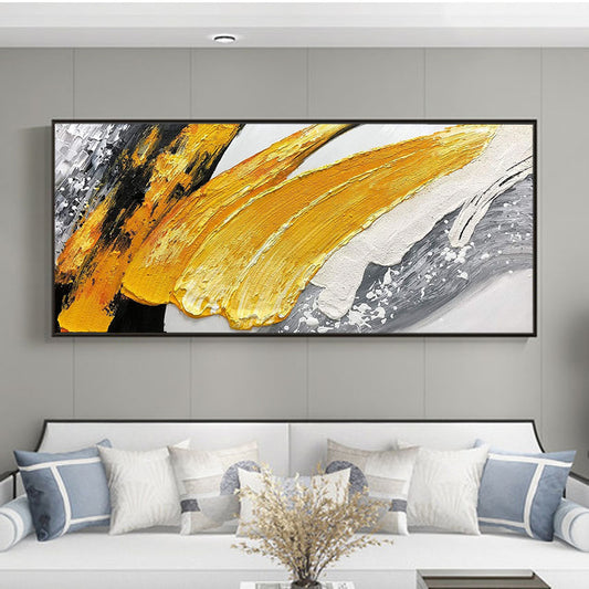 3D Abstract Oil Painting HandmadeThick Oil On Canvas Golden Oil Painting Modern Wall Art Picture,27inx54in,No Frame