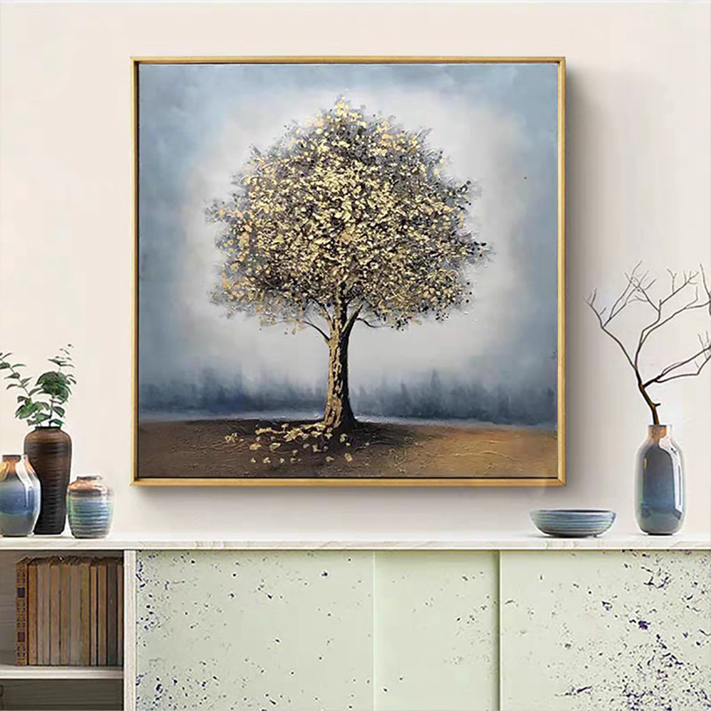 Yellow Tree Oil Paintings On Canvas Hand Painted Acrylic Wall Art Picture For Home Decor Living,31inx31in,No Frame