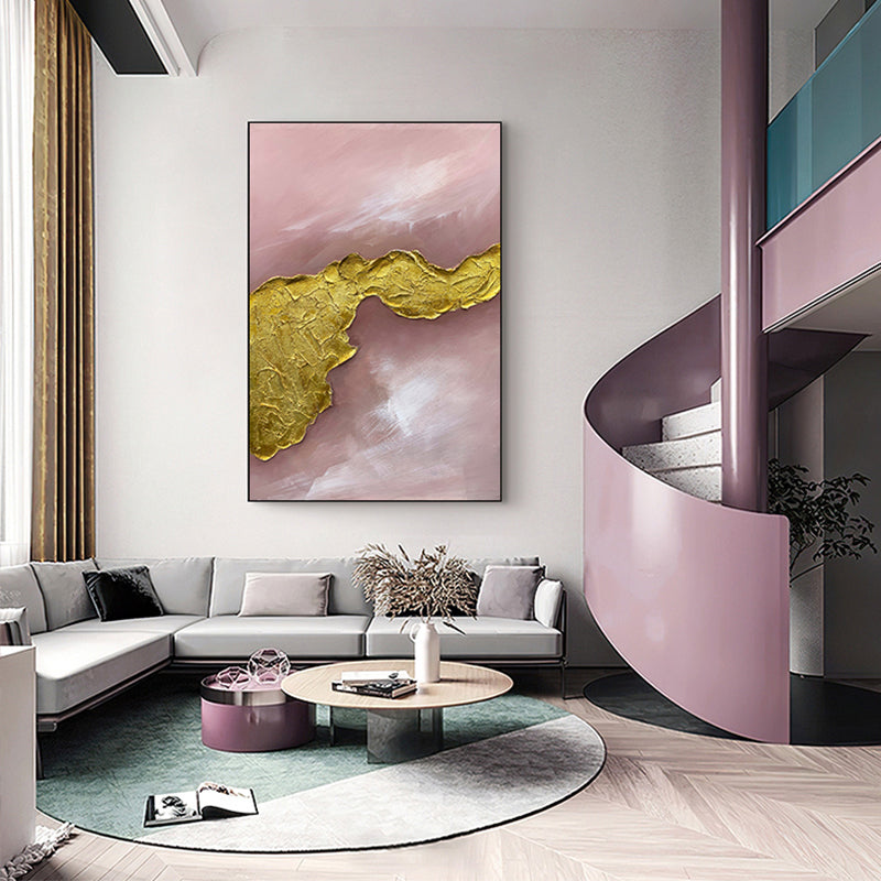#680Pure Handpainted Modern Light Luxury Living Room Decoration Painting Gold Pink Simple Abstract Three Dimensional Hanging,31inx47in,No Frame