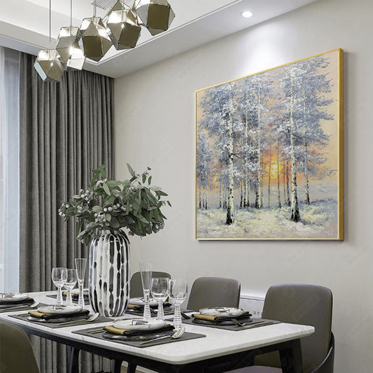 Pure Hand Painted Oil Painting Snow Scene Birch Sunrise Decorative Painting Nordic Landscape Painting Hotel Home,31inx31in,No Frame