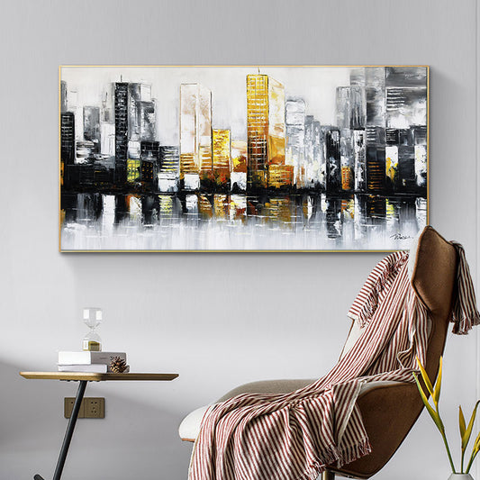 Abstract Golden Building Hand Painted Oil Paintings on Canvas Wall Picture for Living Room,27inx54in,No Frame