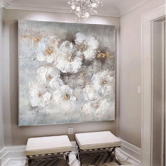 Texture White Flowers Picture Wall Art Hand Painted Modern Abstract Oil Painting On Canvas For Living,31inx31in,No Frame