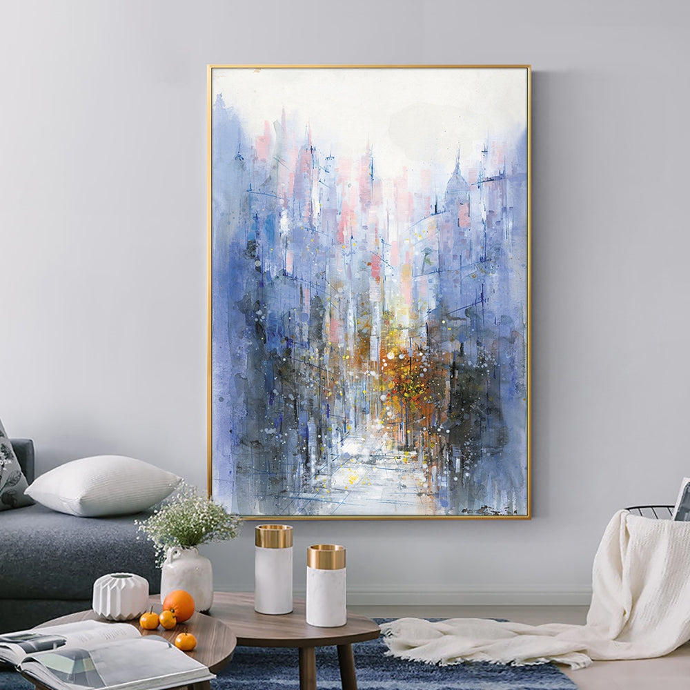 Abstract Light Purple Building Painting Hand Painted Oil Painting On Canvas Handmade Wall Art For Living Room,31inx47in,No Frame