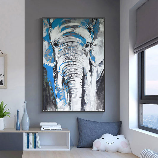 Abstract Grey With Blue Elephant Oil Painting On Canvas  Hand Painted Animal Canvas Wall Art  Living Room,31inx47in,No Frame