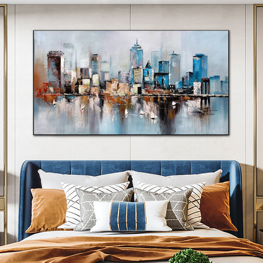 Handmade Oil Painting On Canvas Modern Abstract Wall Art NY City Building Skyline Grey Oil Painting,27inx54in,No Frame