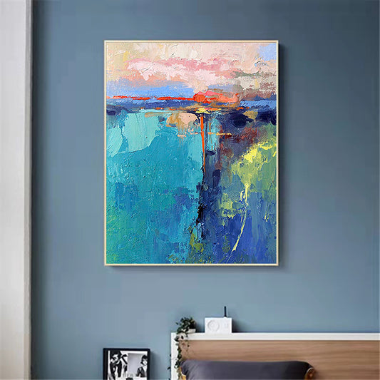 Hand Painted Abstract Colorful Thick Knife Blue Grey Orange Landscape Watercolor Oil Painting Living Room ,31inx47in,No Frame