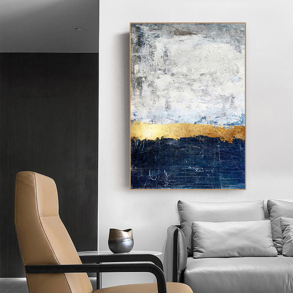 Navy Blue and Gold Foil Block Canvas Oil Painting Artworks Modern Vertical Abstract Handmade Oil Painting Wall Art For Home Living Room,31inx47in,No Frame