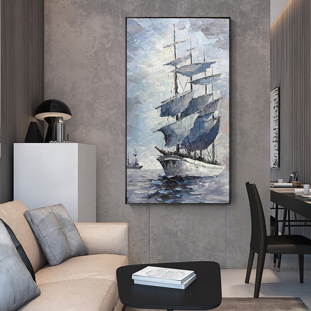 Hand Painted Abstract Sailboat Oil Painting On Canvas Handmade Thick Oil Knife Paintings Picture,27inx54in,No Frame