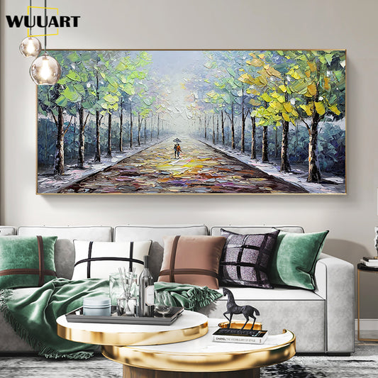 Landscape Oil Painting Wall Art Lovers In The Forest Path Canvas Painting Wall Picture Living Room,27inx54in,No Frame