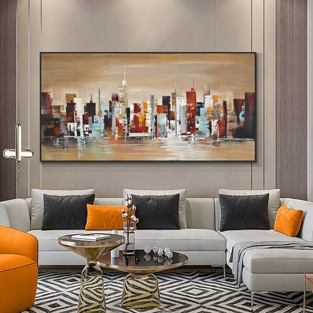 Abstract Large City Building Oil Painting On Canvas Hand Painted Wall Art Pictures For Modern,27inx54in,No Frame