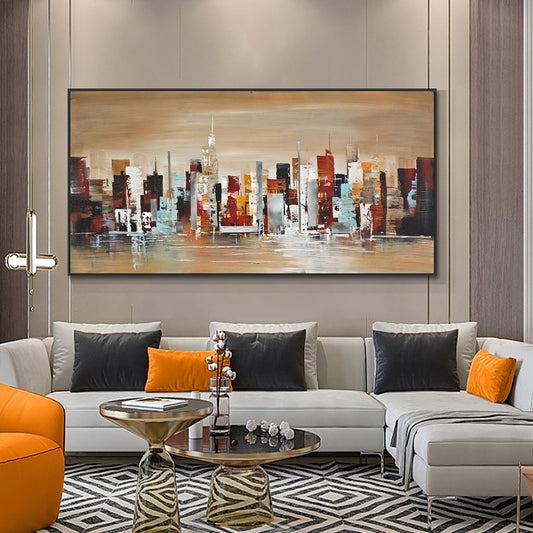 Abstract Large City Building Oil Painting On Canvas  Hand Painted Wall Art Pictures For Modern,27inx54in,No Frame