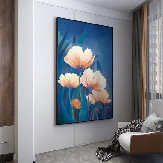 Hand Painted Abstract Oil Painting Hibiscus Flower Living Room Sofa Background Decorative Painting Flower Art Canvas,31inx47in,No Frame