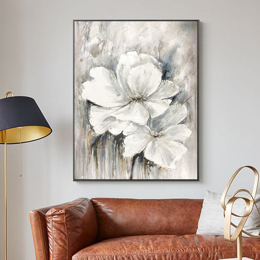 Textured White Flower  Hand Painted Modern Abstract Oil Painting On Canvas Wall Art For Living Room,31inx47in,No Frame