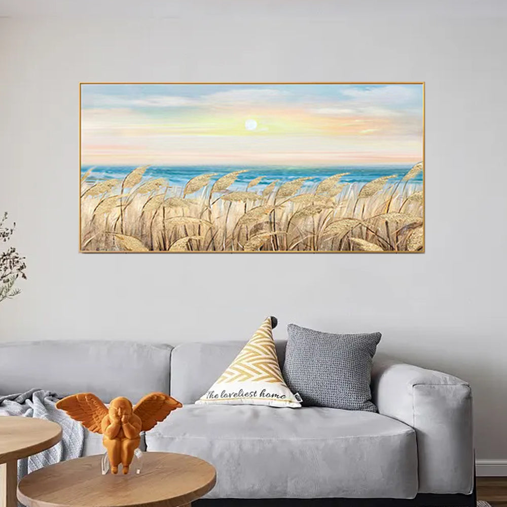 Handmade Seaside Scenery Picture Wall Art Handpainted Oil Painting On Canvas Handmade Wall Art Modern,27inx54in,No Frame