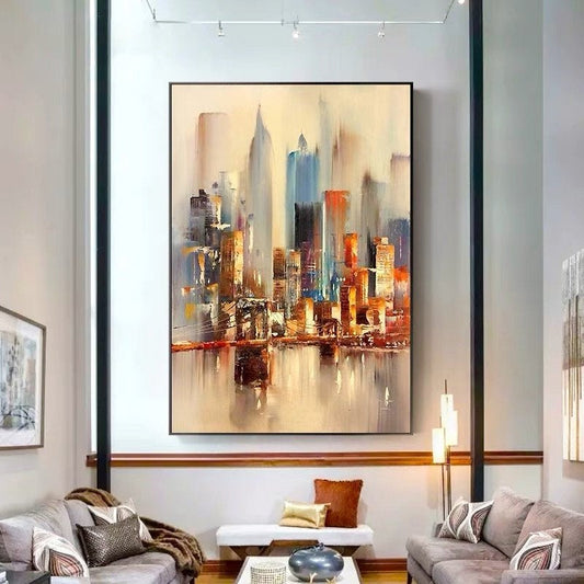 Hand painted Oil Painting On Canvas City Urban Landscape Living Room Corridor Porch Decorative Modern Simple,31inx47in,No Frame