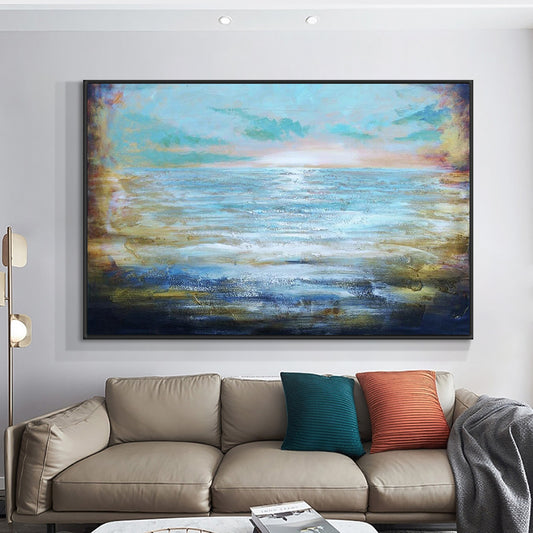 Abstract Blue Sea Painting  Hand Painted Oil Painting On Canvas Acrylic Landscape Seascape Painting Wall  For Living Room,31inx47in,No Frame