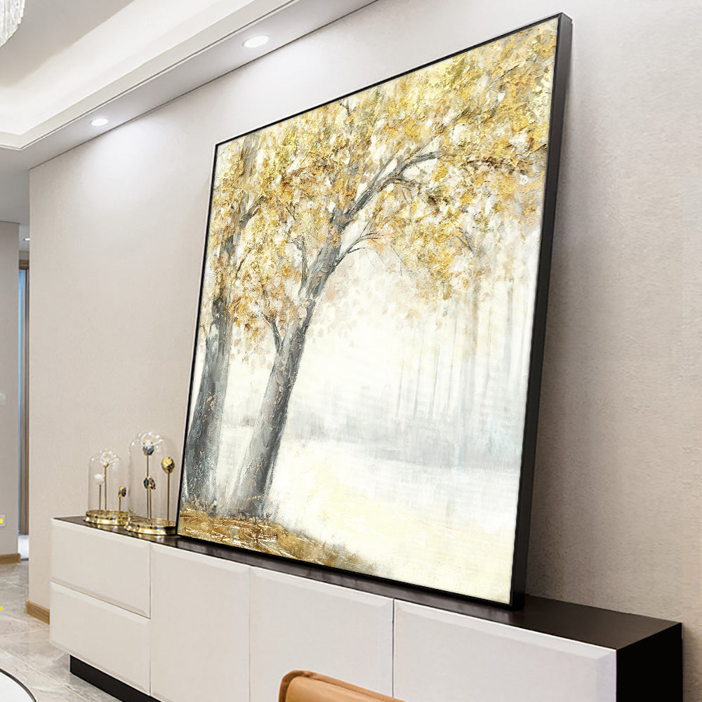 Handmade Modern Canvas Art Oil Painting Knife Tree With Yellow Leaves Painting Wall Art Picture,31inx31in,No Frame