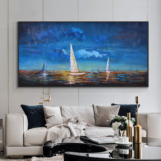 Thick Texture Wall Art Paintings Sailboat Handmade Oil Painting On Canvas Landscape Painting Office Home Decoration,27inx54in,No Frame