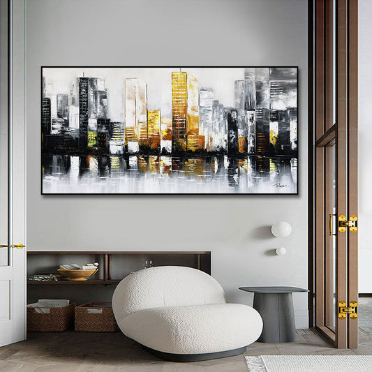 Hand painted Abstract City Building Oil Painting Wall Art Handmade Canvas Painting for Livingroom Home,27inx54in,No Frame
