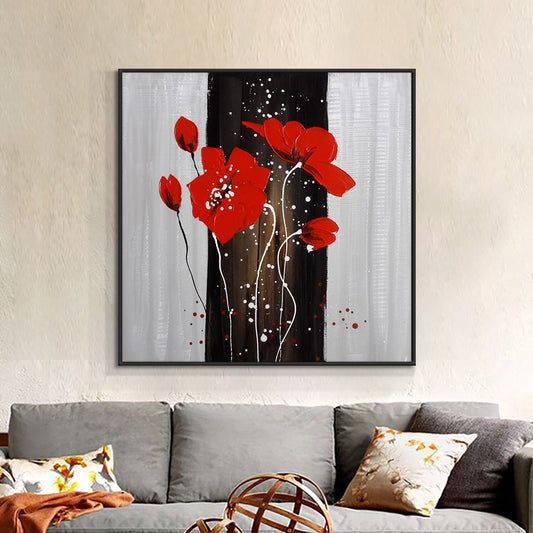 Abstract Red Flowers Painting  Hand Painted Oil Painting On Canvas Modern Wall Art Painting For Living Room,31inx31in,No Frame
