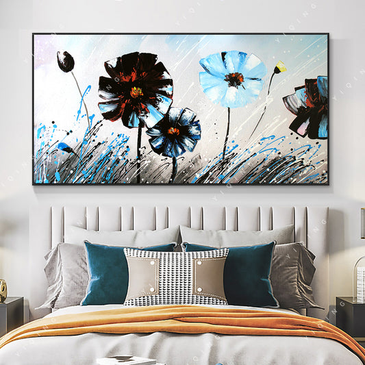 Abstract Blue Black Flowers Oil Painting  Hand Painted Plant Painting On Canvas Modern Wall Art,27inx54in,No Frame