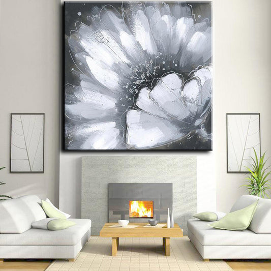 Abstract Textured White Flower Oil Painting  Handpainted On Canvas Modern Nordic Flowers Wall Art For Living Room A,31inx31in,No Frame