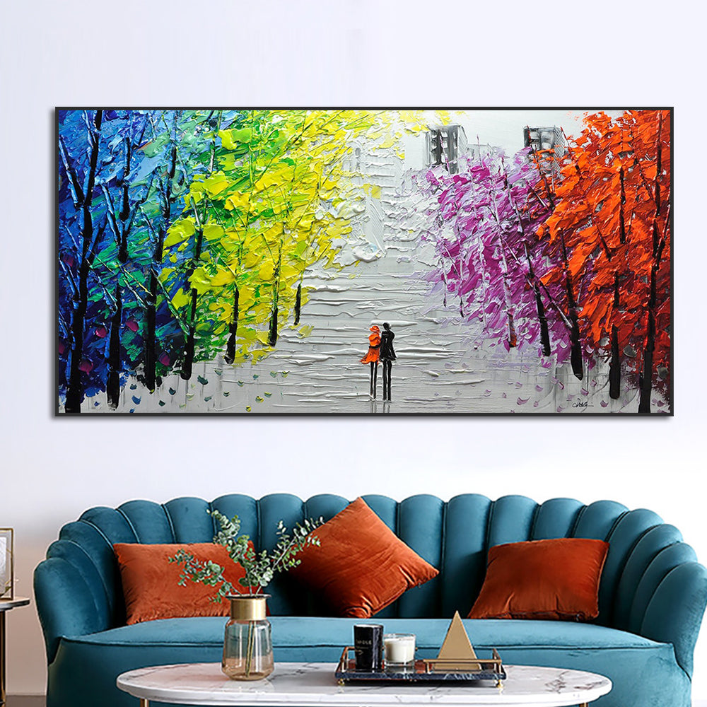 Hand painted Abstract Landscape Oil Painting Colorful Mordern Building Wall Art Handmade Canvas Painting for Living room,27inx54in,No Frame