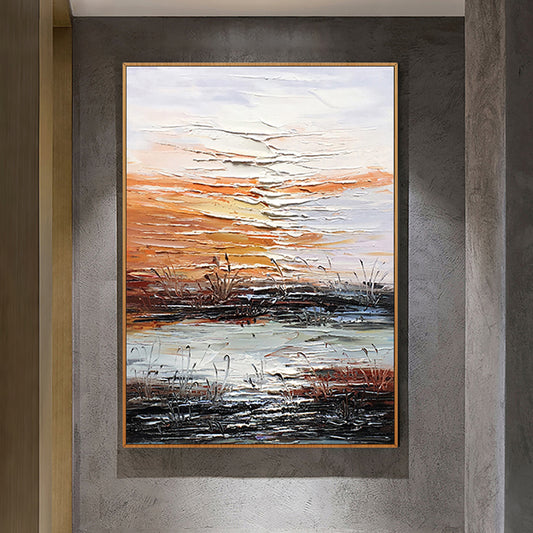 Modern Abstract Painting Hand Painted Landscape Lake Oil Painting Wall Art Abstract Textured Art On Canvas,31inx47in,No Frame