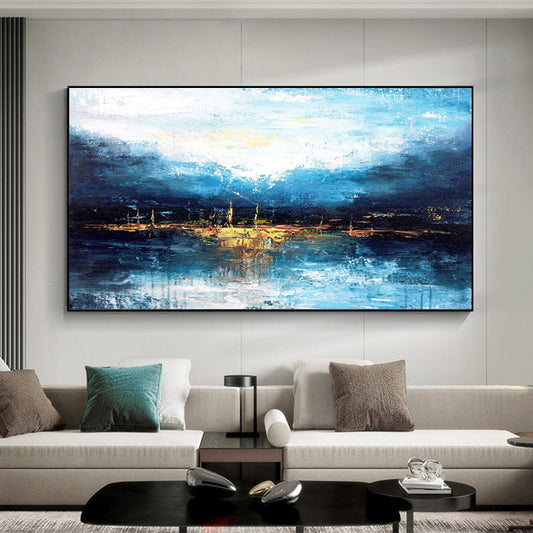 Handmade Abstract Large Blue Oil Painting Modern Mural Living Room Decoration Painting Large Size,27inx54in,No Frame