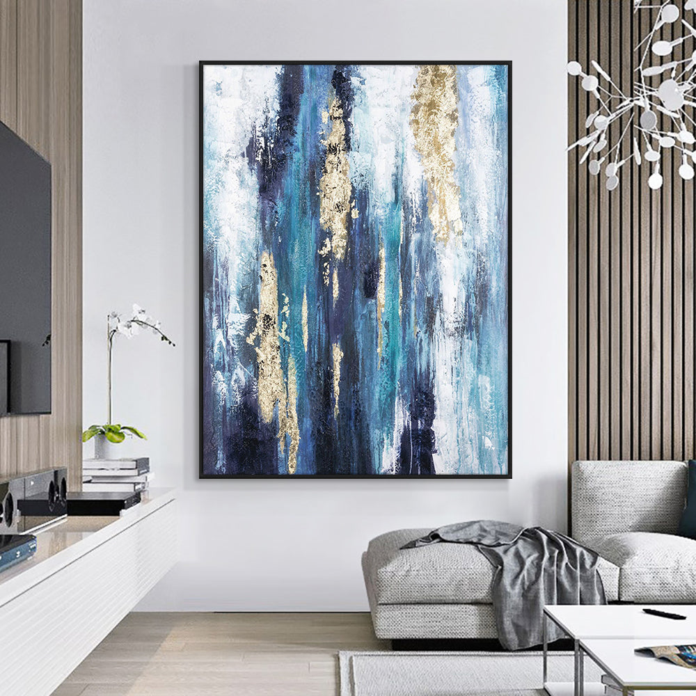 Abstract Blue Painting Wth Gold Foil Hand Painted Oil Painting On Canvas Handmade Modern Wall For Living Room,31inx47in,No Frame