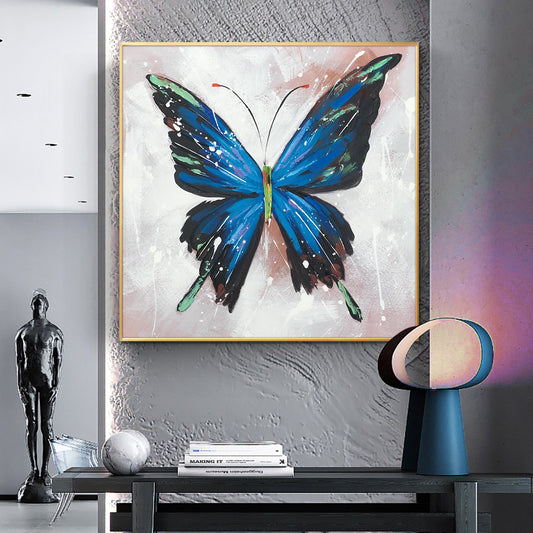 Abstract Handmade Blue Butterfly Oil Painting On Canvas Hand Painted Paintings Abstract Wall Art For Living Room,31inx31in,No Frame