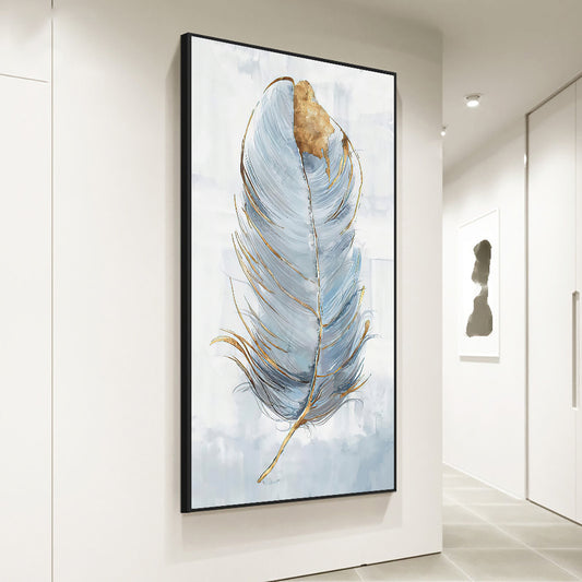 Abstract Grey Blue Feather With Gold Oil Painting Hand Painted On Canvas Modern Nordic Wall Art,27inx54in,No Frame