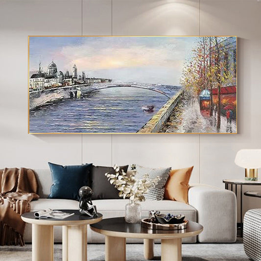City Landscape  Hand Painted Oil Painting Modern Abstract Wall Hanging Picture For Dining Room,27inx54in,No Frame