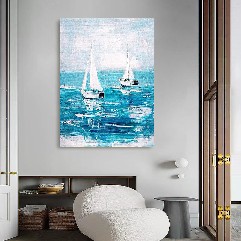 Pure Hand painted Oil Painting Sailboat Decorative Painting Modern Dining Room Background Wall Senior Hanging Painting,31inx47in,No Frame