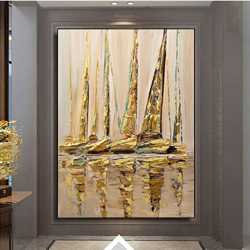 Modern Abstract Hand painted Knife Painting on Canvas Sailing Boat Oil Painting Golden Large Quadros Decorativos,31inx47in,No Frame
