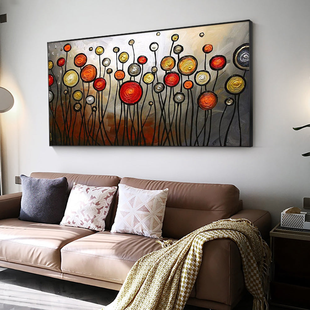 Hand Painted Abstract Red Yellow Round Flowers Oil Painting On Canvas Thick Knife Painting Wall,27inx54in,No Frame