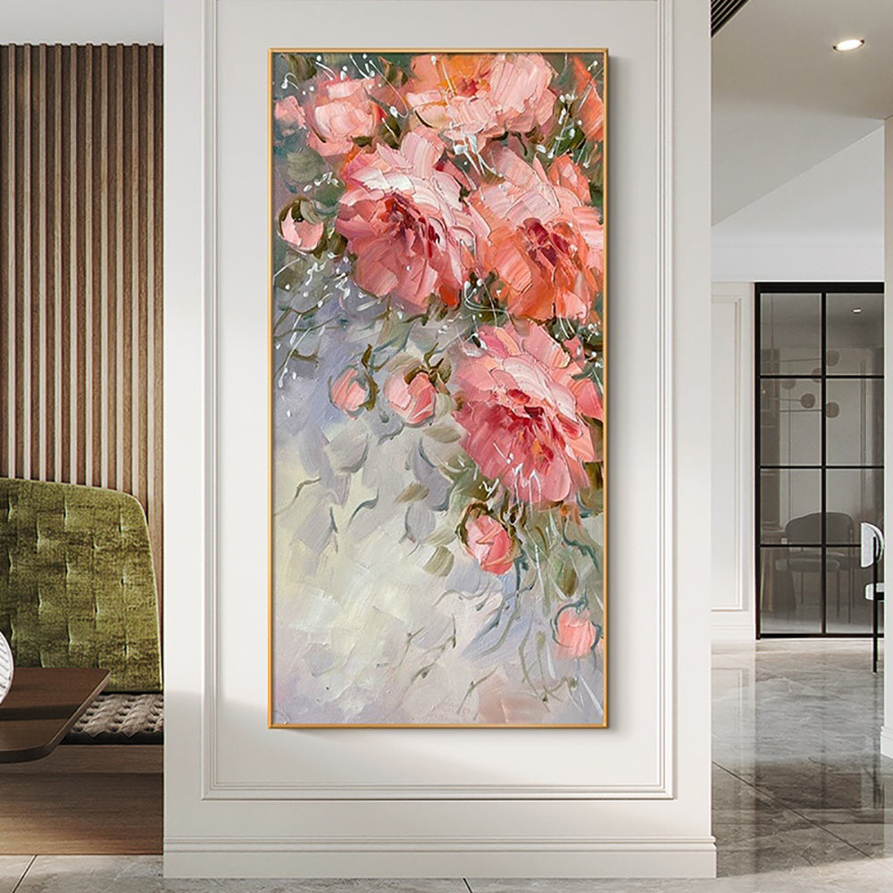 Hand Painted Oil Painting Peony Painting Light Luxury Abstract Floral Art Picture Thick Oil Handmade Flower,27inx54in,No Frame