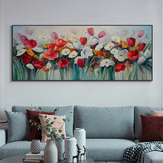 #420Abstract White Red Flowers Oil Painting  Handmade On Cotton Canvas Modern Hand Painted Wall Art,27inx54in,No Frame