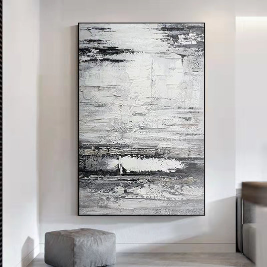 Hand painted Oil Painting Abstract Industrial Painting Vertical Thick Oil Mural Large Decorative Painting Black and,31inx47in,No Frame