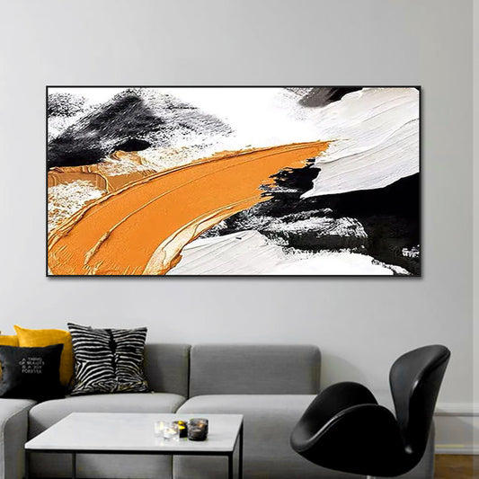 Abstract Orange Black White Oil Painting Hand Painted On Canvas Modern Handmade Wall Art,27inx54in,No Frame