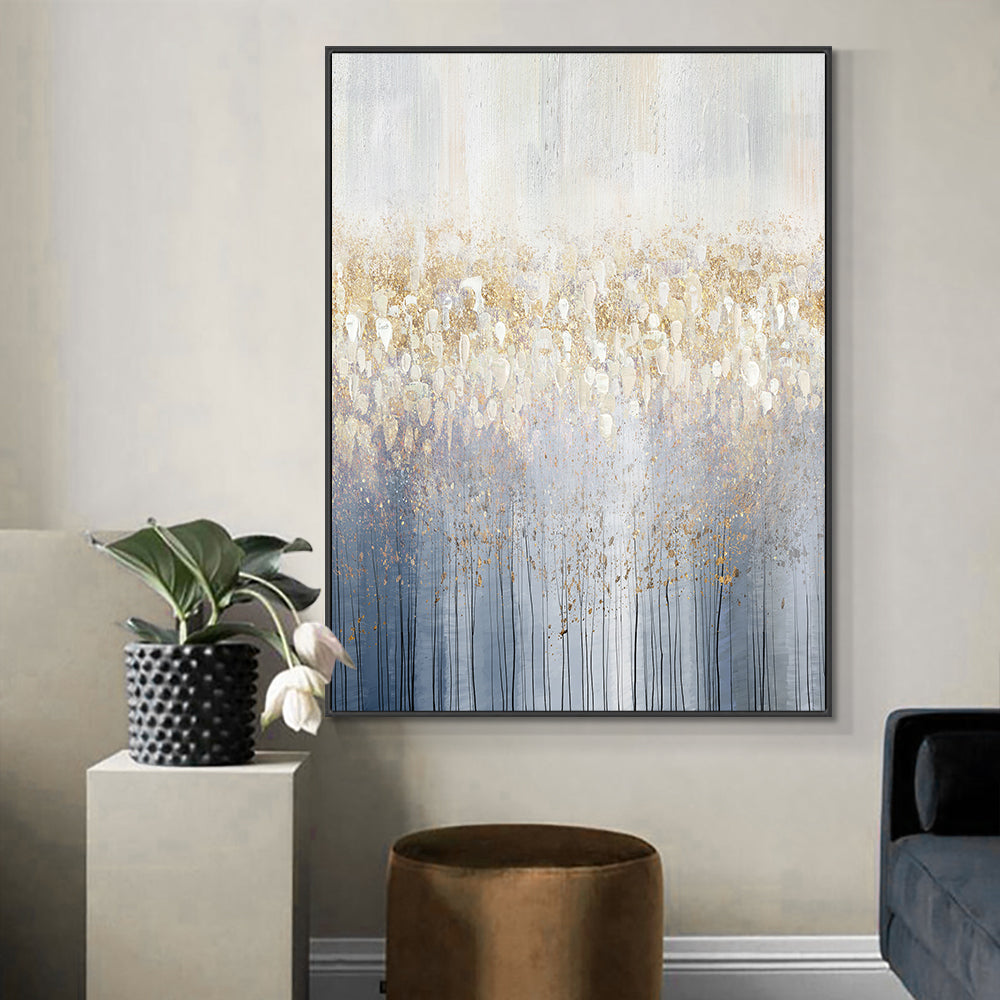 Hand Painted Abstract Trees Oil Painting On Canvas With Gold Foils Modern Landscape Wall Art Living Room,31inx47in,No Frame