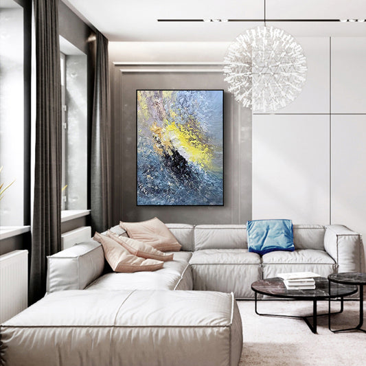 Large Handmade Art Knife Drawing Abstract Oil Painting Gold Blue Thick Oil Texture Canvas Art Mural,31inx47in,No Frame