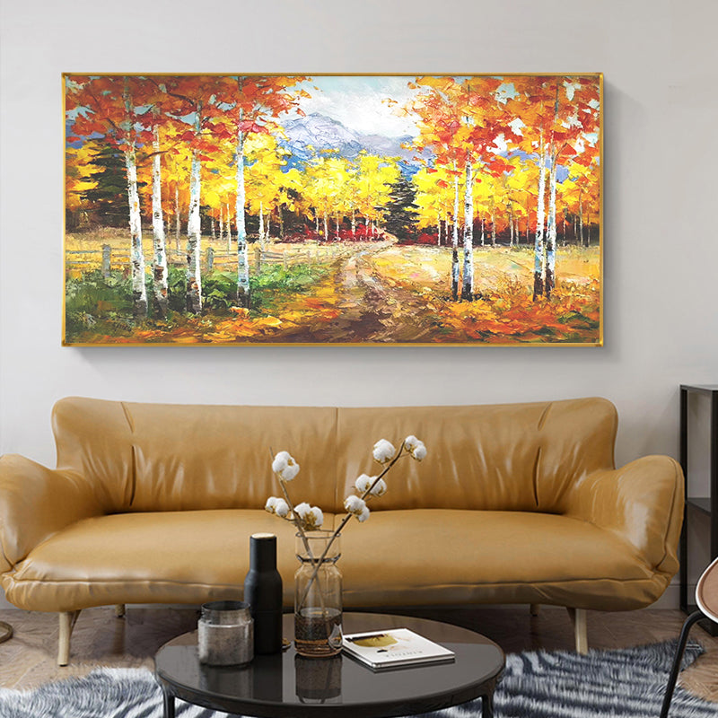Handpainted Oil Painting Birch Wood Landscape Decoration Painting Living Room Sofa Background Wall Study Bedroom Hanging,27inx54in,No Frame