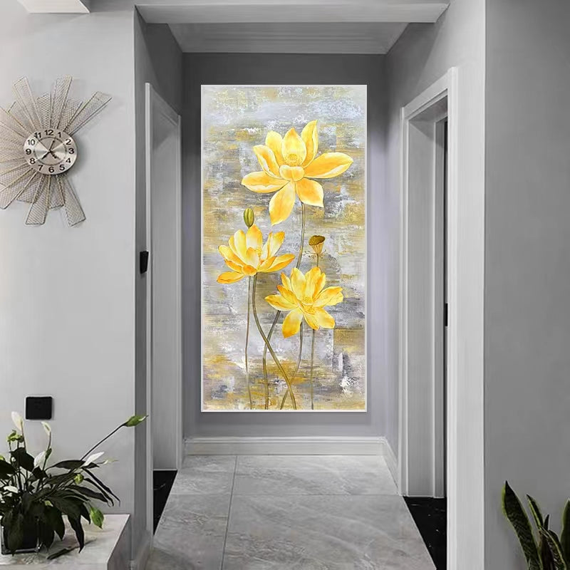 Lotus Flower Oil Painting Retro Hallway Living Room Background Wall Decorative Painting Hand painted Abstract Texture,27inx54in,No Frame