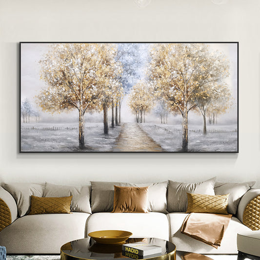 Abstract Thick Textured Yellow Tree Oil Painting Hand Painted On Canvas Handmade Wall Art,27inx54in,No Frame