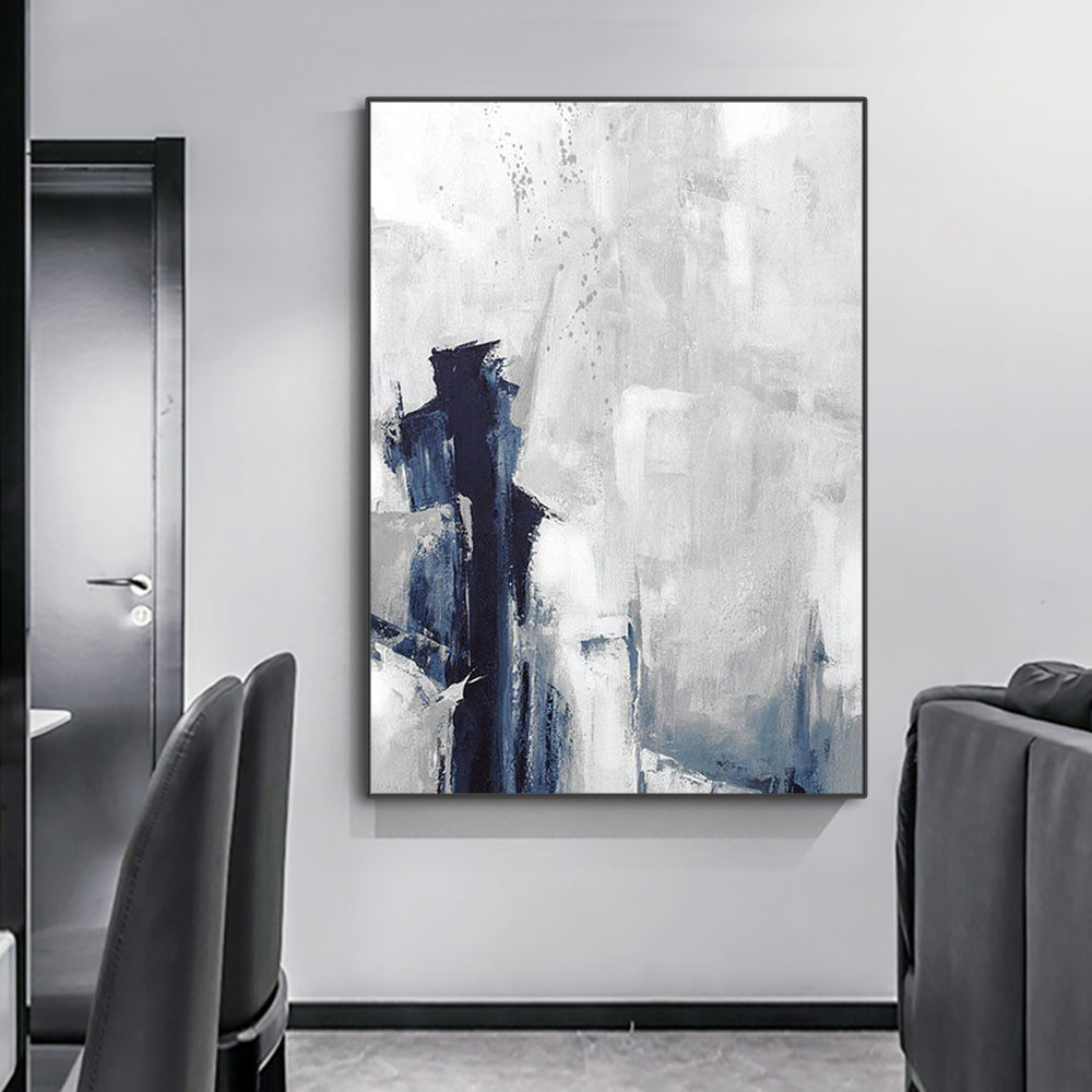 Navy Blue and Gold Foil Block Canvas Oil Painting Artworks Modern Vertical Abstract Handmade Oil Painting Wall Art For Home Living Room,31inx47in,No Frame